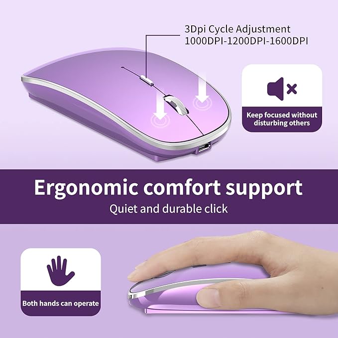 Halpilt Wireless Mouse Chargeable Portable Silent USB and Type-C Dual Mode Wireless Mouse 3 Adjustable DPI for Laptop, Mac, Android, PC (Q23S Black) (Purple)