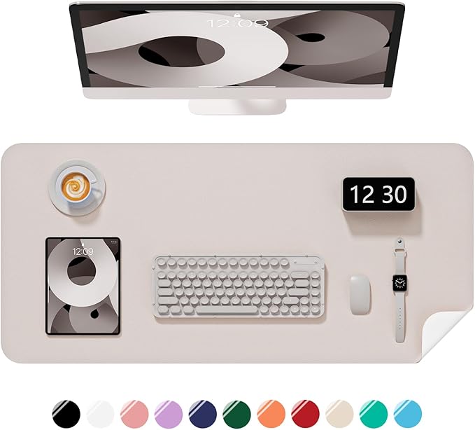 Desk Pad, 23.6" x 13.8" PU Leather Non-Slip Desk Mat Large Mouse Pad for Desktop, Waterproof Laptop Computer Writing Mat for Office, Home, Work, Gaming, Beige Gray
