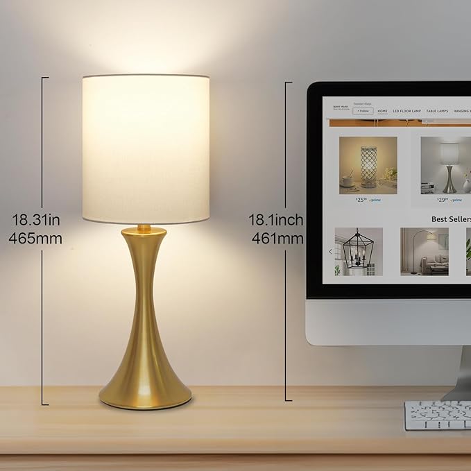 Gold Bedside Lamp Touch Control Table Lamp for Bedroom, 3-Way Dimmable Nightstand Lamp with White Shade, Modern Table Lamp for Living Room, Minimalist Desk Lamp for Dorm, Home, Office, Bulb Included