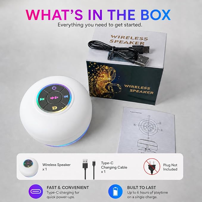 Bluetooth Shower Speaker with LED – Portable Wireless Mini Speaker with Mic & Suction Cup, IPX4 Water Resistant for Shower, Travel, Pool, River Floating, and Outdoor Fun (White)