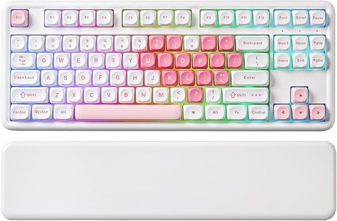 YUNZII B87 Wireless Mechanical Keyboard,QMK/VIA Programmable,TKL Layout 87 Keys,BT/2.4G/USB-C,Hot Swap Gasket Mount RGB Backlit Gaming with Wrist Rest for Win/Mac (White Heart, Milk V2)