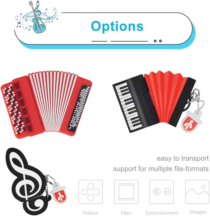 5 x 8GB Cute Music USB Flash Drive, Accordion*2/Saxophone/Piano/Notes Shape Musical Instruments Thumb Drive Memory Stick Drive Pendrive Gift for Kids, Teacher, Friends