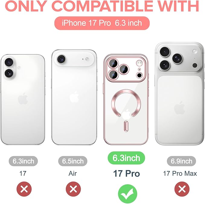 Hython Magnetic Clear for iPhone 17 Pro Case with Camera Lens Protector [Compatible with MagSafe] Luxury Plating Edge Slim Soft TPU Cover Protective Phone Case for iPhone 17 Pro 6.3", Pink