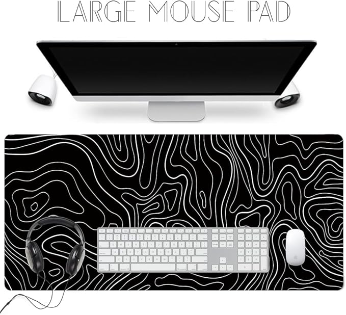 HGWALP Black Topographic Large Gaming Mouse Pad Extended XXL(900 * 400 * 3MM) Mouse Mat Long Desk Pad with Stitched Edges for Keyboard Home Office Gaming Work Big Desk Mat