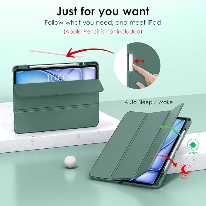 DTTO for iPad Air 13 Inch Case M4/M3/M2 2026/2025/2024, iPad Pro 12.9 Inch Case (6th/5th/4th/3rd Gen), Smart Slim Trifold Stand Soft Cover with Pencil Holder, Midnight Green