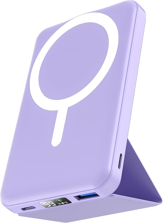 podoru for Magsafe Battery Pack, Foldable 10000mAh Magnetic Power Bank with USB-C Cable LED Display 22.5W PD Fast Charging Wireless Portable Charger for iPhone 17/16/15/14/13/12 Series-Light Purple