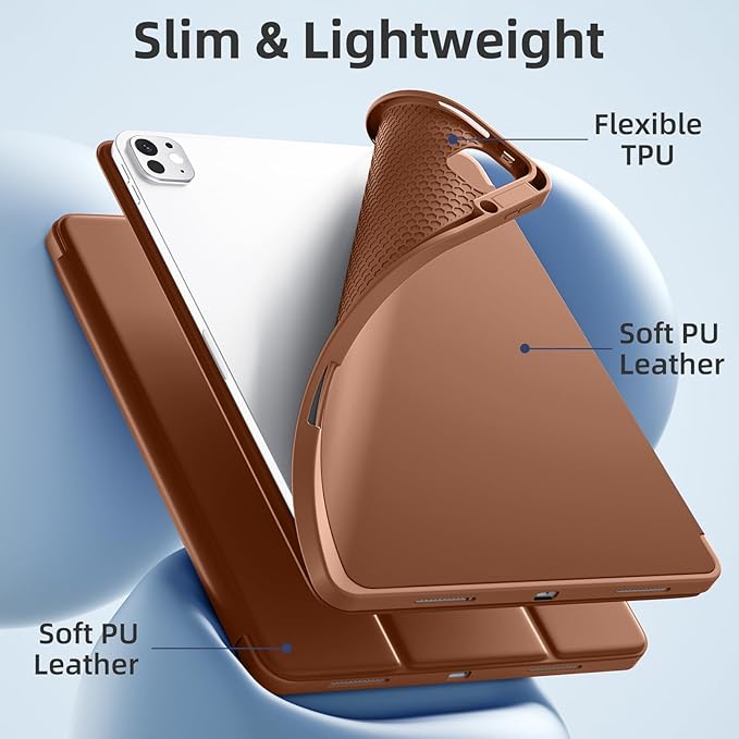 Akkerds Compatible with iPad Pro 13 Inch Case (M5/M4) 2025/2024, for iPad 13 Pro Case with Pencil Holder, Slim Trifold Stand Protective Cover with Soft TPU Back, Auto Wake/Sleep, Brown