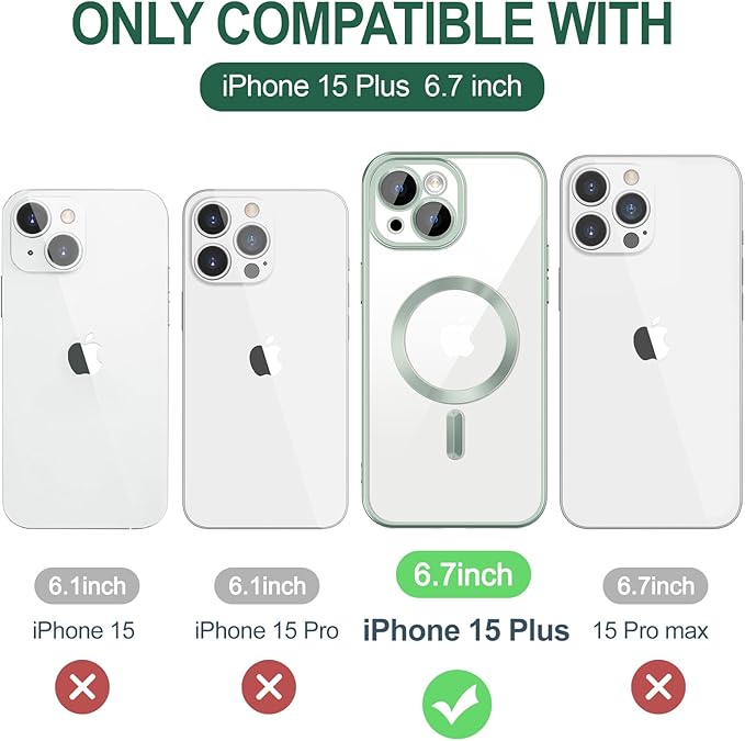 Hython Magnetic Clear for iPhone 15 Plus Case with Camera Lens Protector [Compatible with MagSafe] Luxury Plating Edge Slim Soft TPU Cover Protective Phone Case for iPhone 15 Plus 6.7", Matte Mint