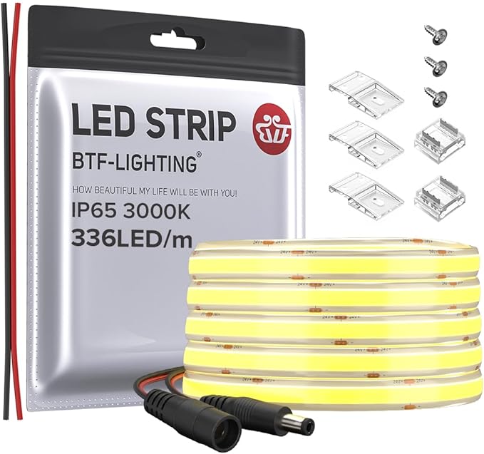 BTF-LIGHTING FCOB COB LED Strip IP65 Flexible High Density Uniform Light 8W/m 16.4FT DC12V Warm White 3000K 336LED/m CRI 90+ 8mm Width Dimmable LED Ribbon for Decor(No Adapter or Controller)