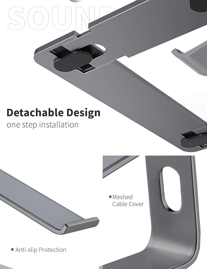 SOUNDANCE Laptop Stand, Aluminum Computer Riser, Ergonomic Laptops Elevator for Desk, Metal Holder Compatible with 10 to 15.6 Inches Notebook Computer, Black