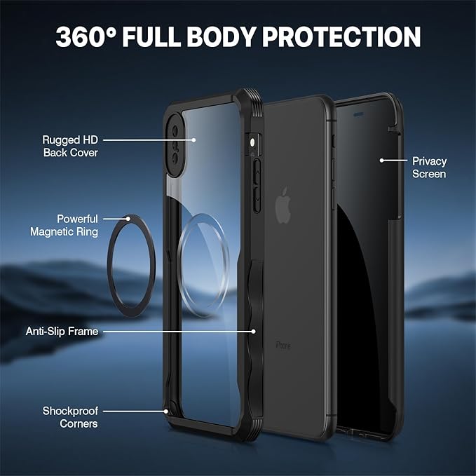 CENHUFO Privacy Magnetic for iPhone Xs Max Case, Full Body Phone Case Built-in 9H Tempered Glass Privacy Screen Protector [Compatible with Magsafe] Shockproof Protective Bumper Clear Cover - Black