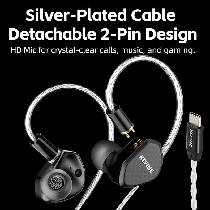 Klean in Ear Monitor, Wired Gaming Earbud, 10mm DLC Diaphragm Dynamic Driver, Wired Earbuds, Interchangeable Tuning Nozzles, HiFi IEM for Audiophile, Musician & Gaming (with Mic USB-C)