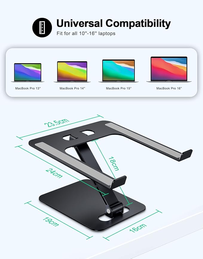 RIWUCT Foldable Laptop Stand, Height Adjustable Ergonomic Computer Stand for Desk, Aluminum Portable Laptop Riser Holder Compatible with MacBook Pro Air, HP, Dell 10-16"(Black)