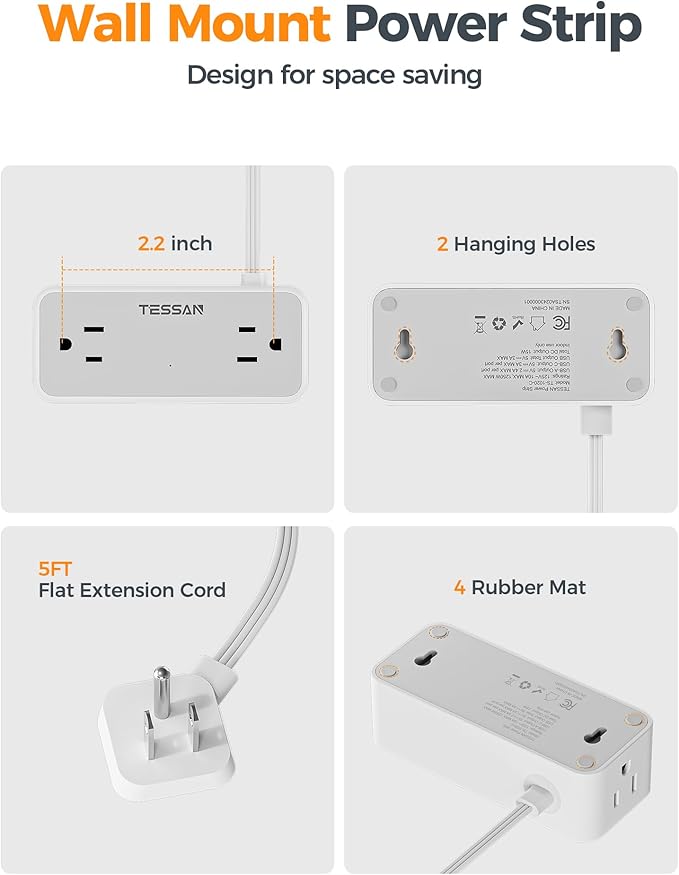 TESSAN Flat Plug Extension Cord 5 FT, Surge Protector Power Strip with 4 AC Outlets 1 USB C and 2 USB A Ports, 900 Joules Protection, Multiple Wall Outlet Extender Suitable for Office Dorm, Grey