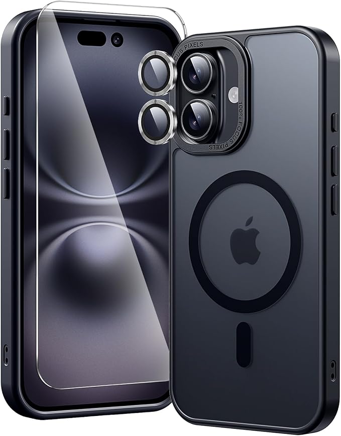 3 in 1 for iPhone 16 Plus Case Magnetic with 1X Screen Protector + 1X Camera Lens Protector [16FT Military-Grade Drop Protection] Translucent Matte Cover for iPhone 16 Plus 6.7", Black