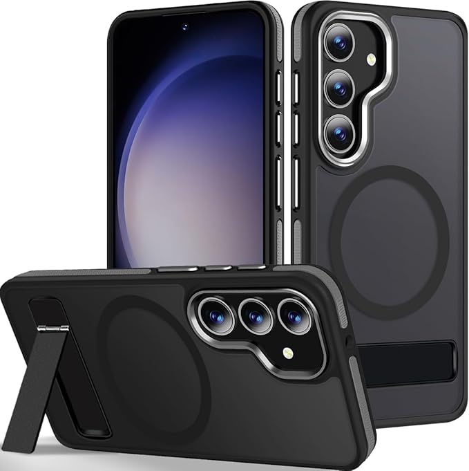 MALEWOLF Case for Galaxy S23 FE with 3 Modes Stand, Compatible with Magsafe, Color Collision Shockproof Cover with Anti-Slip Strip, Matte Translucent Magnetic Case for Galaxy S23 FE (Black/Grey)