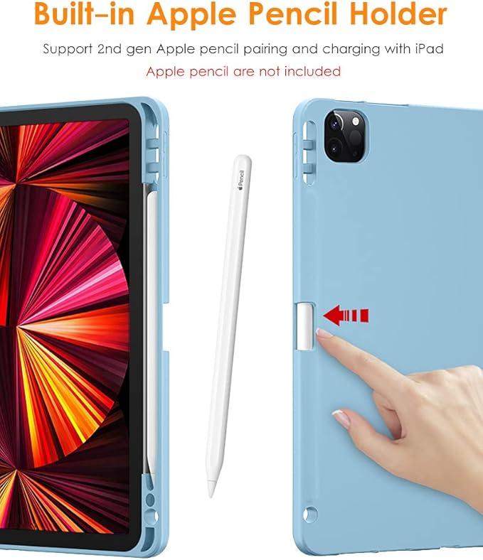 DTTO for iPad Pro 11 inch 4th/3rd/2nd/1st Generation 2022/2021/2020/2018 Case, Smart Slim Trifold Stand Soft TPU Back Cover with Built-in Pencil Holder, Also Fit iPad Air 5/4,Sky Blue