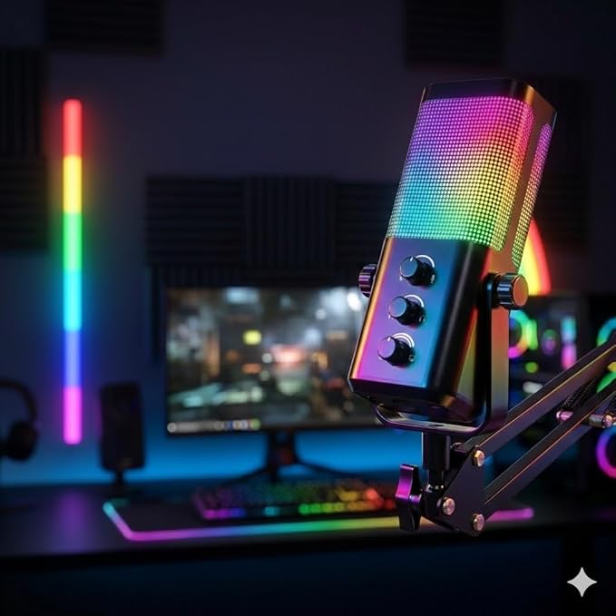 M7 USB Gaming Microphone with Boom Arm - Professional RGB Condenser Mic for PC/PS5 - Triple-Knob Control (Mic Gain, Headphone Vol, Monitor Mix) - Zero Latency Streaming Kit Mic Black