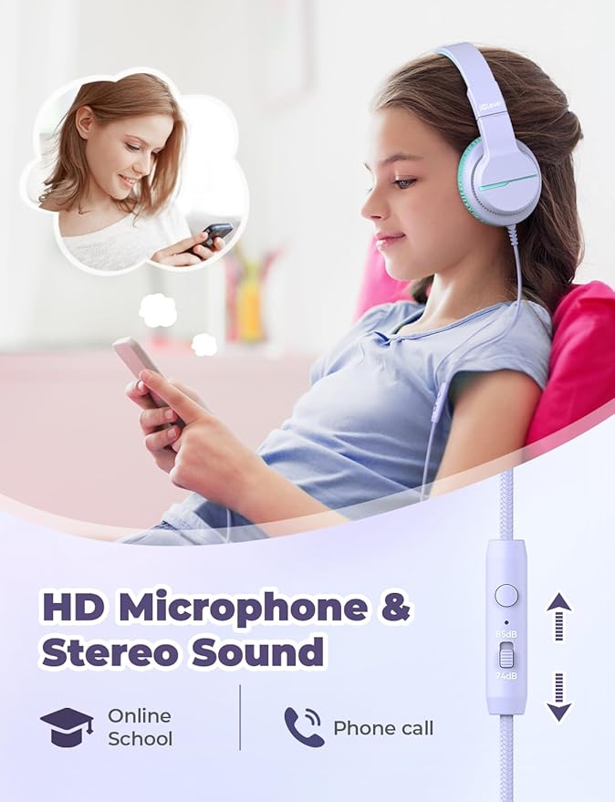 iClever HS19 Kids Headphones for School with Microphone, Safe Volume Limiter 74/85dBA, Over-Ear Girls Boys Headphones for Kids with FunShare Foldable Wired for iPad/Travel (Purple)