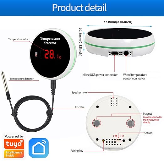 WiFi Thermometer Smart Temperature Sensor: Wireless Temperature Monitor with Waterproof External Probe, App Alerts and Buzzer Alarm, Digital Temperature Gauge for Refrigerator, Freezer, Fish Tank