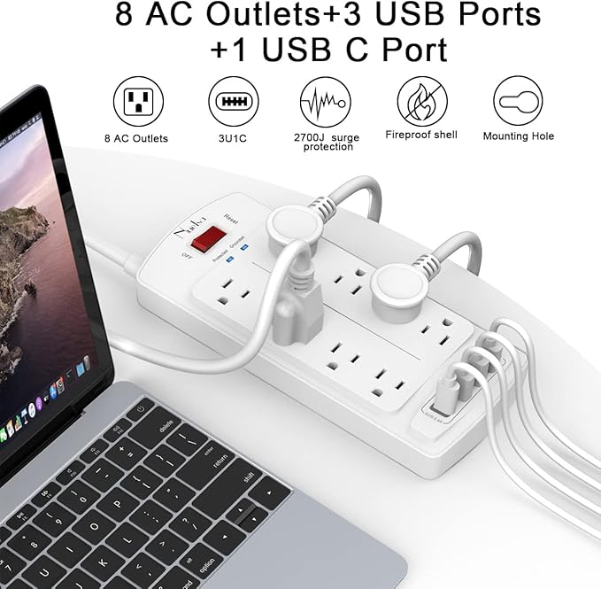 Surge Protector Power Strip - Nuetsa Flat Plug Extension Cord with 8 Outlets and 4 USB Ports, 20 Feet Power Cord (1625W/13A), 2700 Joules, ETL Listed, White