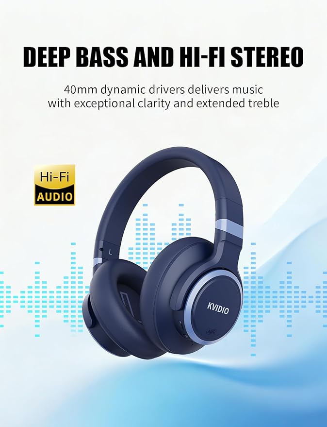 KVIDIO Active Noise Cancelling Headphones, 70 Hours Playtime Bluetooth Headphones with Microphone, Transparency Mode, Deep Bass and Hi-Fi Stereo Sound (Blue)