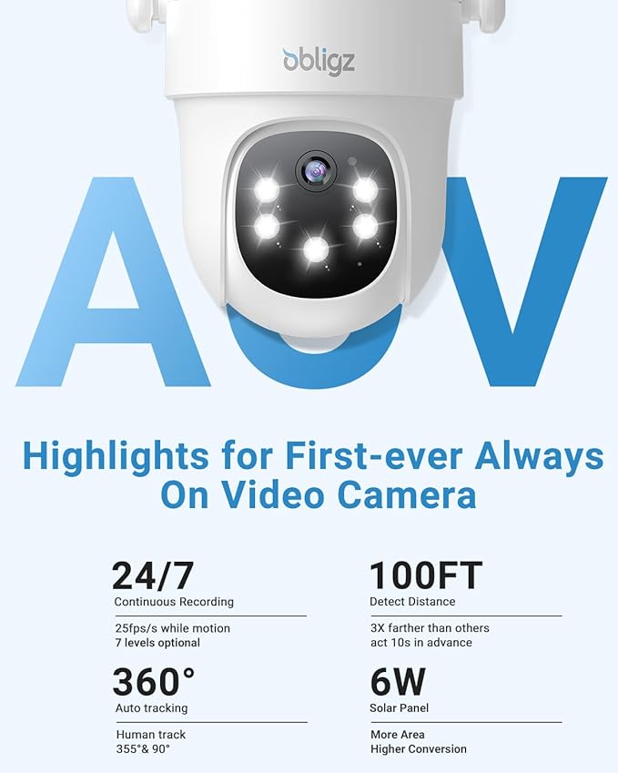 Solar Camera Security Outdoor - AOV 24/7 Recording Security Cameras Wireless Outdoor with 360° View, Human Auto Tracking, 2K Night Vision, Compatible with Alexa/Google Assistant (4 Pack)