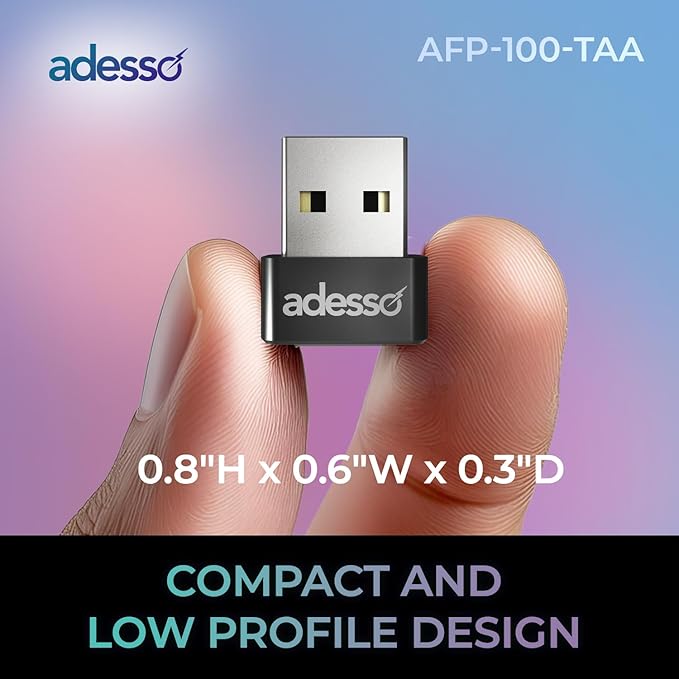 Adesso USB Fingerprint Reader Windows Hello Compatible Built-in Biometric Security AES256 Encryption Made in Taiwan TAA Compliant AFP-100-TAA