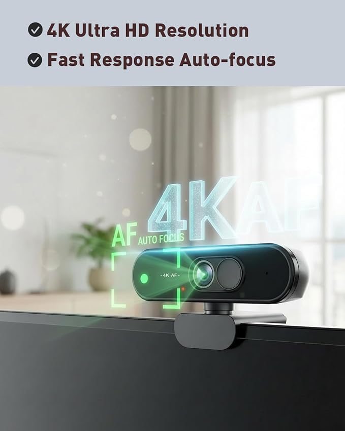 Webcam 4K UHD with Autofocus Lens, Crystal Clear Microphone, Privacy Cover, Extendable Tripod, for PC,Laptop, Zoom,Teams,Windows,MacOS