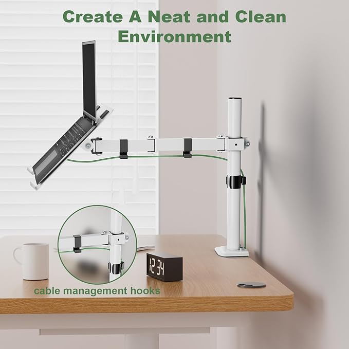 UPGRAVITY White Laptop Desk Mount with Vented Tray for Notebook up to 17 inch, Fully Adjustable Single Laptop Arm Stand Holds up to 17.6 lbs, Clamp on/Grommet Mounting