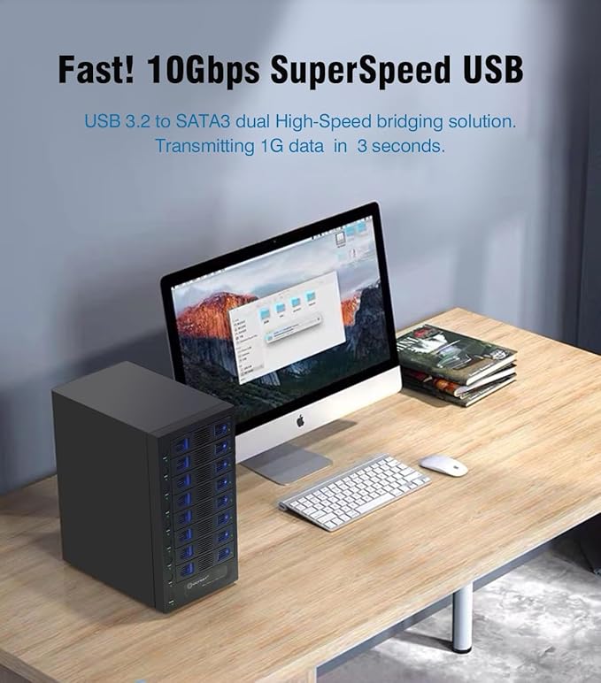 8 Bay Tool Less Tray Hot Swapable 2.5" and 3.5" SATA Hard Drive External USB-C 3.2 (10Gbps) Hard Drive Enclosure. Support up to 8X 22TB Capacity.