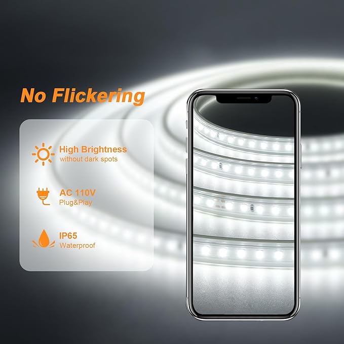 Outdoor LED Strip Lights Waterproof, AC 110V, 1200LEDs, 6500k LED Rope Bright Lights for Garden, Patio, Indoor Under Cabinet Home Christmas Decoration