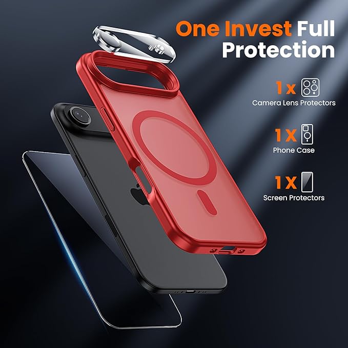 toushion 3 in 1 for iPhone Air Case Matte Red,Fits MagSafe, Screen Protector*1 Camera Lens Protector*1,Matte Skin Feeling Back, Cover Military-Grade Protection