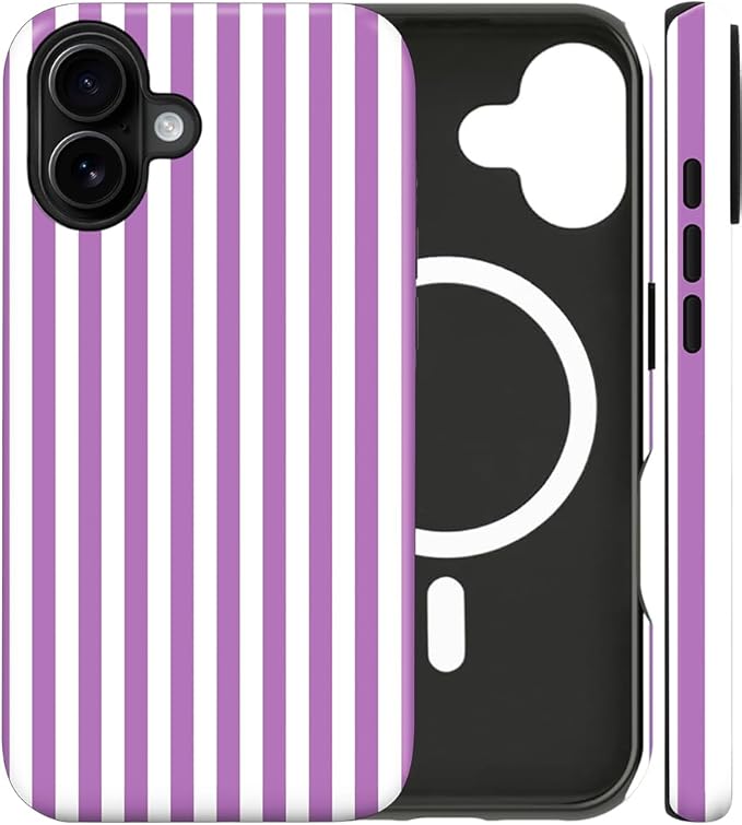 Magnetic for iPhone 16 Case Cute Stripes Phone Case, Shockproof Slim TPU and Hard PC Protective Phone Cover Compatible with MagSafe Designed for Women Girls, Purple
