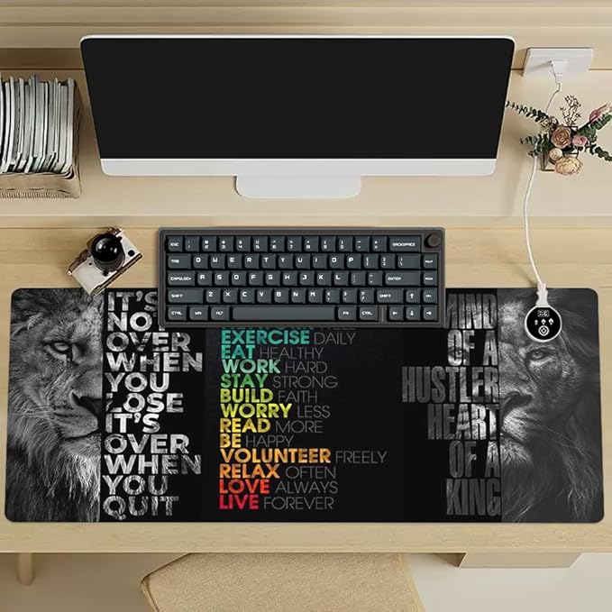 Black Gray Lion Keyboard Mat Positive Saying Mousepad Office Long Mouse Pad It is not Over When You Lose Desk Pad Mouse Mat for Desktop Gamer Guy Boys Mens Office Accessories 31.5"x15.7"