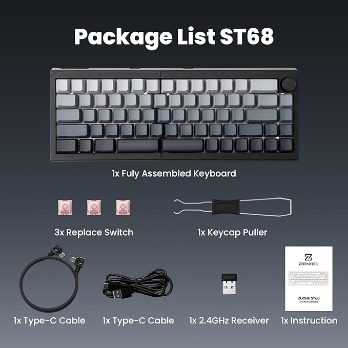 ZORNHER ST68 Ergonomic Split Keyboard,65% Wireless Gaming Keyboard with Knob,65% Black Hot-Swappable Mechanical Keyboards for Win/Mac,Linear Switches,RGB Backlit