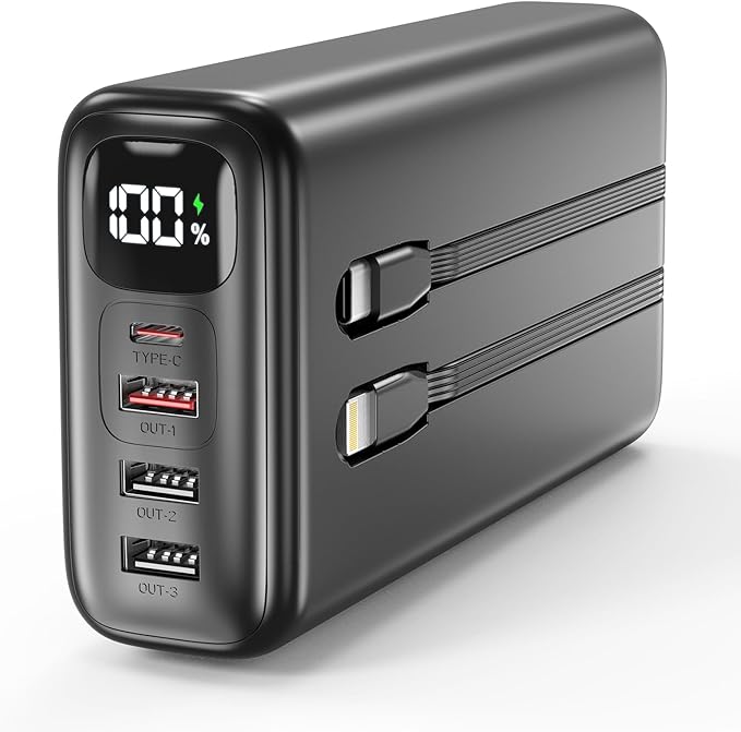 51000mAh Portable Charger with Built-in USB-C & Lightning Cables, 22.5W Fast Charging Power Bank, High Capacity Battery Pack for iPhone, Samsung, Android, Travel, Camping