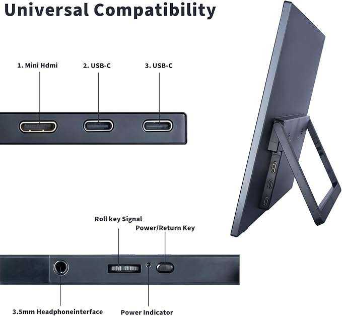 15.6 Inch Portable Monitor, 1080P FHD 60Hz IPS Screen, 72% sRGB HDMI USB-C External Monitor for Laptop PC MacBook Phone Xbox PS5/4, Travel Second Display with Kickstand
