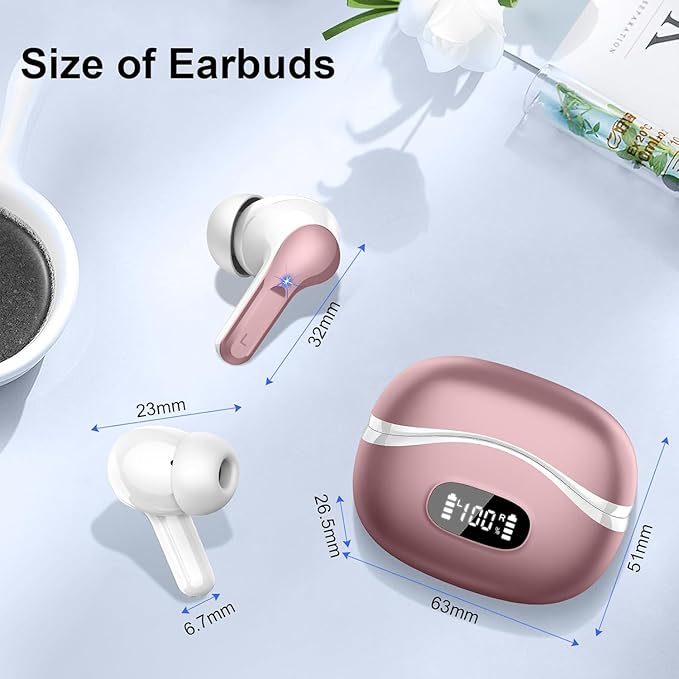 Wireless Earbuds, Bluetooth Headphones 5.4 HiFi Stereo, Ear Buds with 4 ENC Noise Cancelling Mics, 48H Bluetooth Earbuds with Dual LED Display, IP7 Waterproof Earphones for Android iOS, Rose Gold