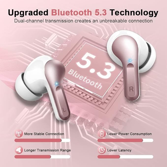 Wireless Earbuds, Bluetooth 5.3 Headphones 2025 NEW Ear Buds 40H Bass Stereo in-Ear Earphones ENC Noise Cancelling Earbuds with 4 HD Mic, USB-C LED Display IP7 Waterproof Sport Headset for Android iOS