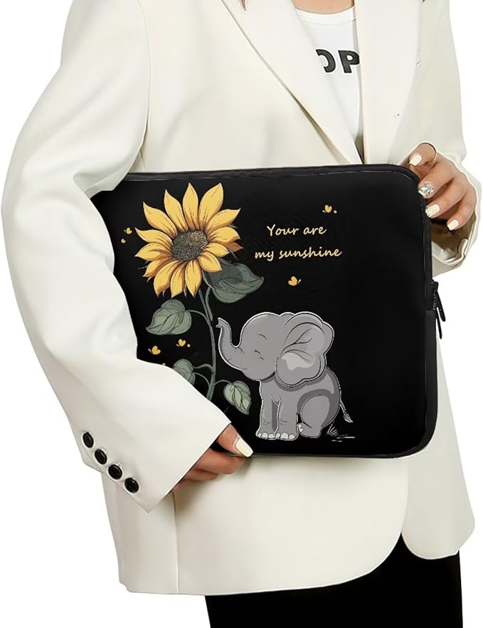Sunflower Elephant Laptop Sleeve Case for Kids 10 Inch Laptop Protector with Multiple Uses Lightweight Computer Sleeve Tablet Bag Laptop Carrying Case Gifts for Girls Black