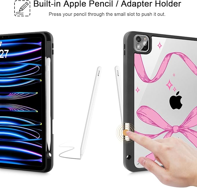 Tuiklol for iPad Pro 11 Inch 4th / 3rd / 2nd / 1st Gen (2022 2021 2020 2018) Case -Built-in Pencil Holder Shockproof Cover Clear Transparent Back Shell with Auto Wake/Sleep, Bow