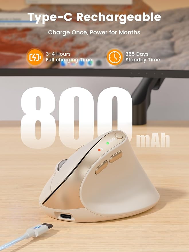 SABLUTE MAM3 Ergonomic Mouse, Rechargeable Wireless Vertical Mouse with 4 Adjustable DPI for Small/Medium Hands, Dual-Device Connectivity for Computer/PC/Laptop,Bluetooth Mouse for Window,Mac OS,Beige