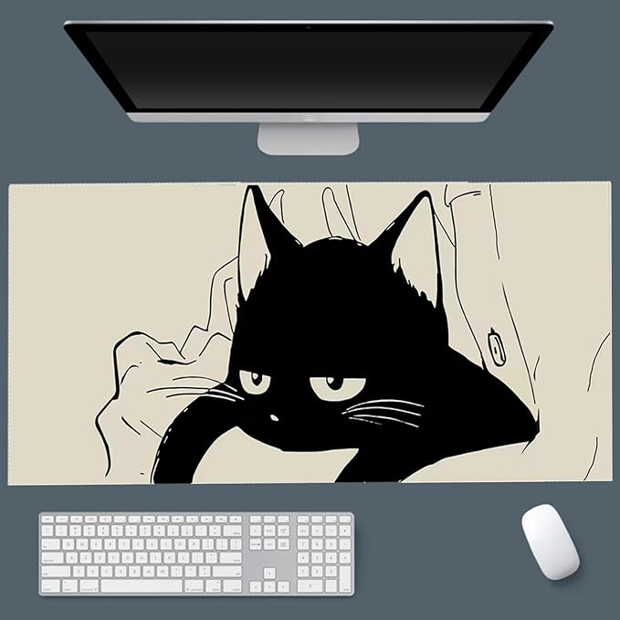 Gaming Mouse Pad XXL Extended Anime Mouse Pad 31.5x15.7inch, Large Cute Kawaii Big Computer Mouse Mat Desk Pad with Non-Slip Rubber Base and Stitched Edge for Home Office-Black Cat