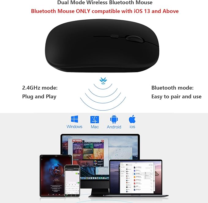 Wireless Bluetooth Mouse for Apple iPad iPhone MacBook Android Samsung Tablet Phone Dual-Mode Rechargeable 2.4G Portable Computer Mice for Windows Laptop Notebook PC Mac Desktop USB Receiver (Black)