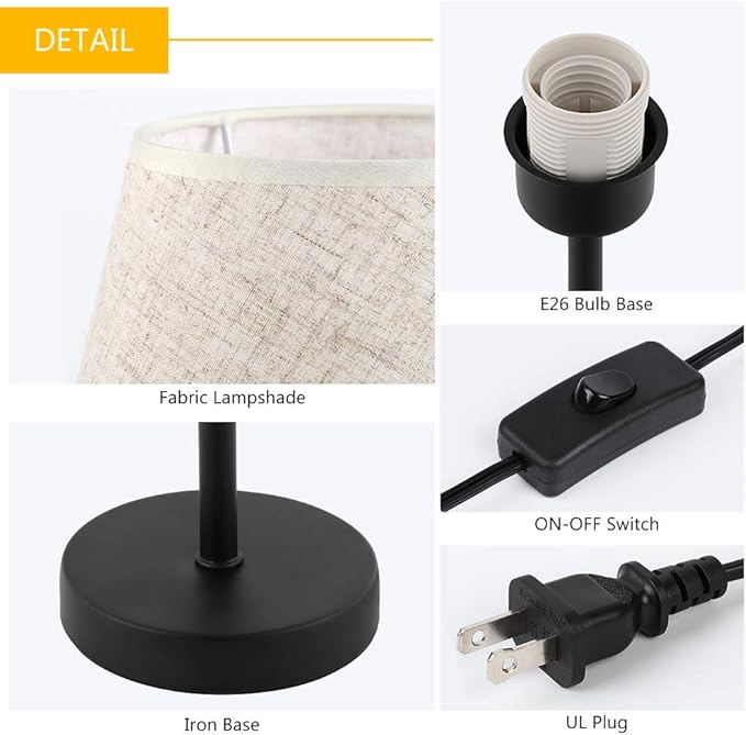 HAITRAL Bedside Table Lamps - Small Nightstand Lamps Set of 2 with Fabric Shade Bedside Desk Lamps for Bedroom, Living Room, Office, Kids Room, Girls Room, Dorm 15 Inches - Black (HT-TH28-27X2)
