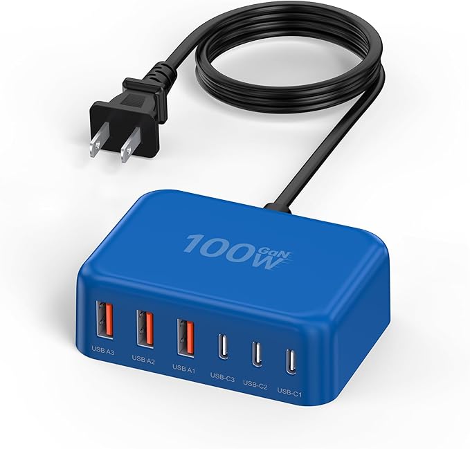 Updated USB C Fast Charger Block, 100W GaN 6 Port PD USB C QC USB A Wall Charger Adapter Plug Cube, Type C Charging Station Hub for iPhone 17 16 15 14 13 Pro Max iPad Samsung Pixel 5ft Extension Cord