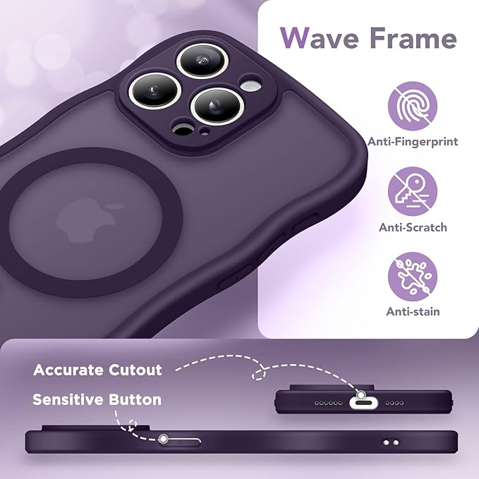 CAPRARO Cute for iPhone 15 Pro Max Case, Compatible with MagSafe, [Curly Wave Edge] [Full Camera Protection] [14 FT Drop Protection] Magnetic Phone Case for 15 Pro Max 6.7 Inch, Deep Purple