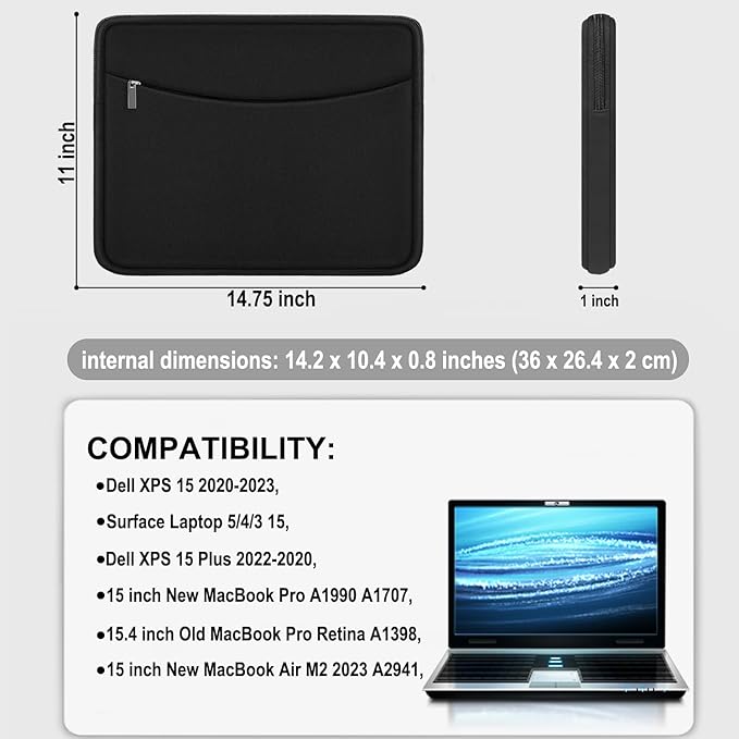 Laptop Case 15 inch, Shockproof Protective Computer Bag with Accessory Pocket, Traveling Laptop Sleeve Cover Compatible with 15 inch New MacBook Air, MacBook Pro, HP, Dell, Lenovo, Black