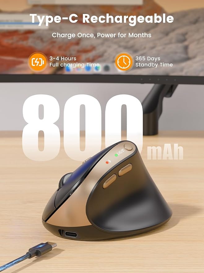 SABLUTE MAM3 Ergonomic Mouse, Bluetooth Mouse for Small/Medium Hands,Dual-Device Connectivity for Computer/Laptop, Rechargeable Wireless Vertical Mouse with 4 Adjustable DPI for Window,Mac OS,Black